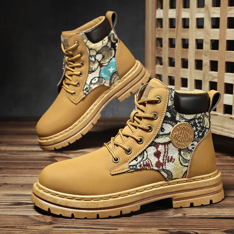 

Fashion Yellow Men's Motorcycle Boots Casual Platform High Top Boots Outdoor Street Biker Shoes Men Leather Ankle Boots for Men