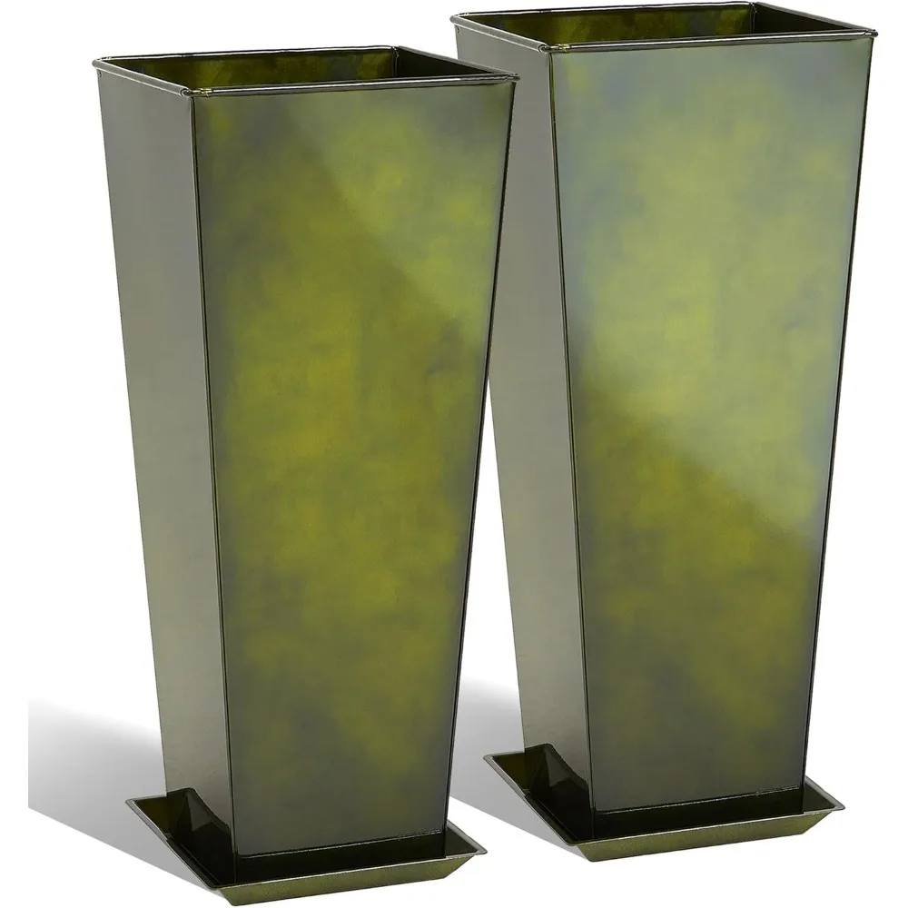 

28''H. Tall Metal Planter with Saucer, Galvanized Steel Glazed Planter Pots with Drainage Hole for Indoor & Outdoor Use, Set