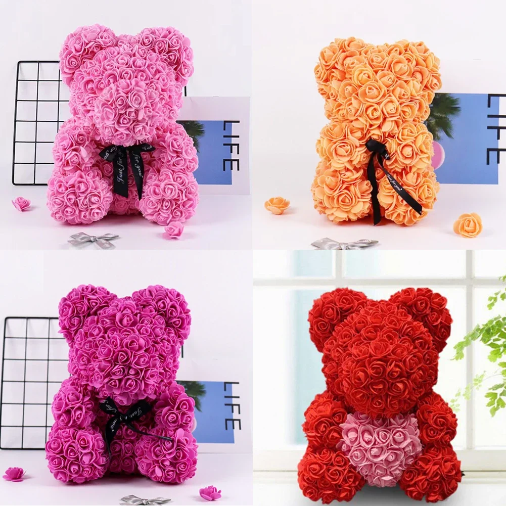 

25 см искусственный плюшевый мишка с цветком розы и коробкой, романтический подарок на день Святого Валентина, подруга, женщины, юбилей, товары для свадебной вечеринки