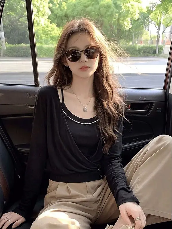 Korean Style Long Sleeve T-Shirt Women's Early Autumn High-End Sun Protection Ruffle Strap Top Two-Piece Set Casual Wear