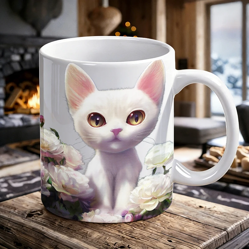 

1PCS Oil Painting Peony Cat Ceramic Cup, Coffee Cup, Milk Cup, Office Tea Cup, Drinking Cup, Fade-Resistant, Gift for Friends