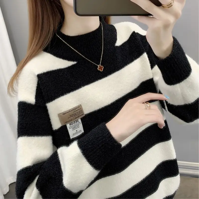 

Mink Velvet Sweater Women's Half-High-Necked Striped Thick Warm Knit Sweater Female Loose Bottoming Tops 2023 Autumn Winter New