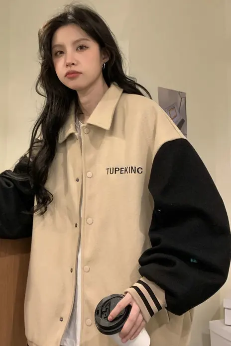 

Women'S Fashion Jackets Fringe Snap-Button Decorate Fur-Trimmed Girl Color-Block Plus-Size Broad Snap Geometric Colour Cuffed