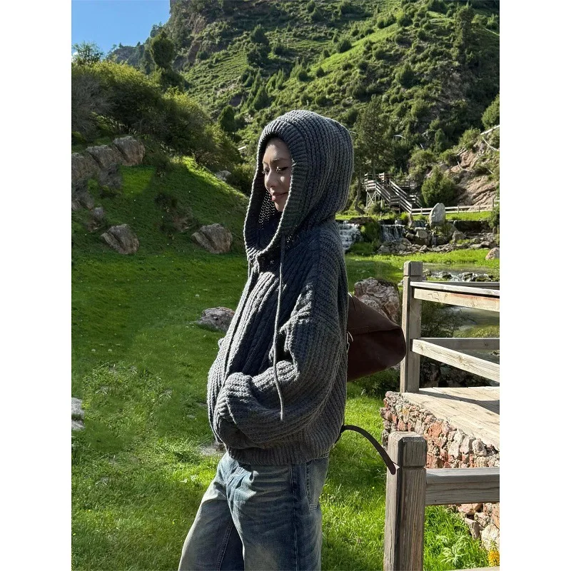 

Американский ретро-кардиган с капюшоном, мягкий и уютный, вязаный, женский, повседневный, свободного кроя, больших размеров, осенне-зимняя верхняя одежда для пар