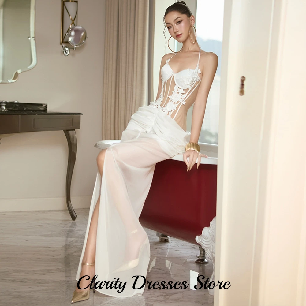 Sexy Customized Halter Mermaid Evening Dresses See Through Organza Pleats  Party Dress Delicate Appliques Sleeveless Prom Gowns image 5