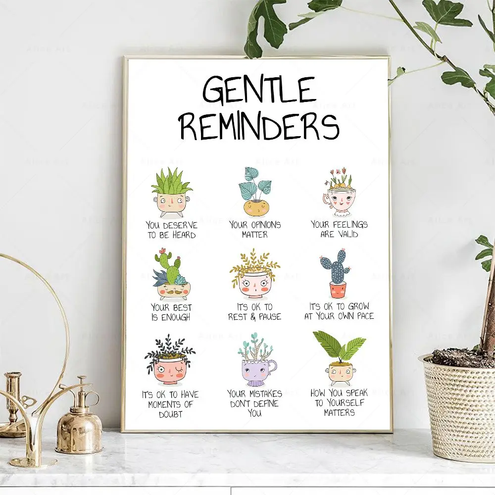 Gentle Reminders Affirmational Canvas Painting Mental Health Print Therapy Office Poster Aesthetic Picture Cute Plant Wall Decor