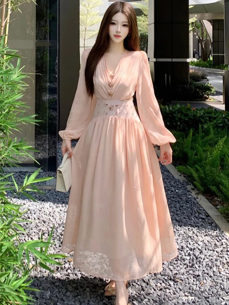 

Spring Autumn Pink Chiffon Diamonds V-Neck Dress 2025 Long Sleeve Bodycon Luxury Evening Dress Women Korean Festival Party Dress