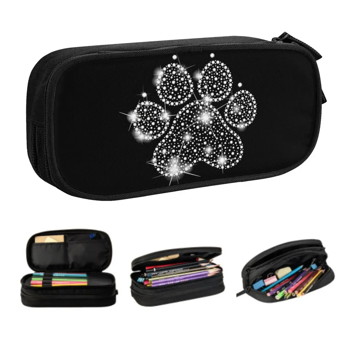 

Custom Luxury Rhinestone Dog Paw Pencil Case for Girls Boys Large Storage Diamond Pen Box Bag School Supplies