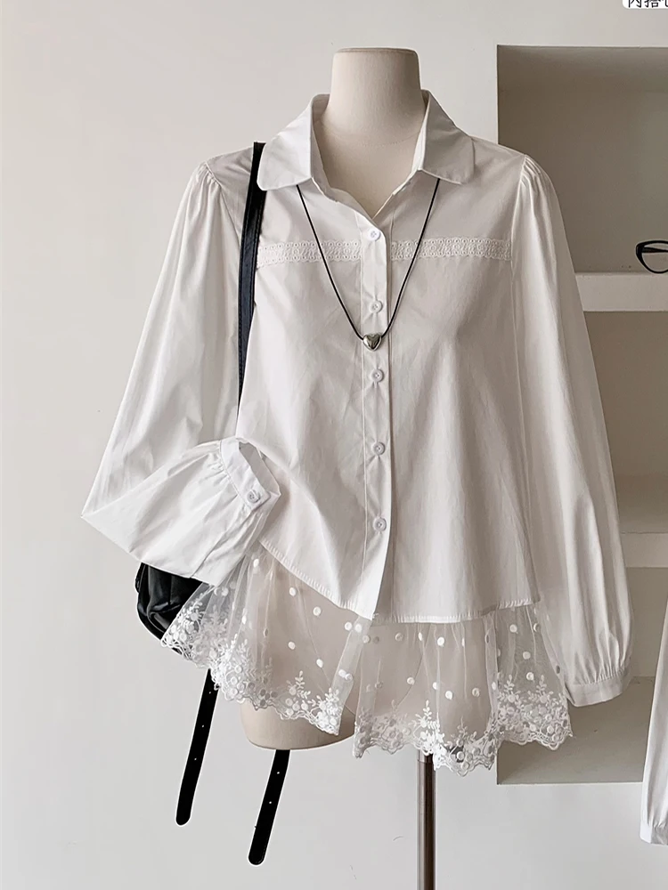 Spring Women Old Money Shoujo Girl Fake Two Pieces Shirts Korean Fashion Lace Patchwork Blouses Design Vintage 2000s Aesthetic