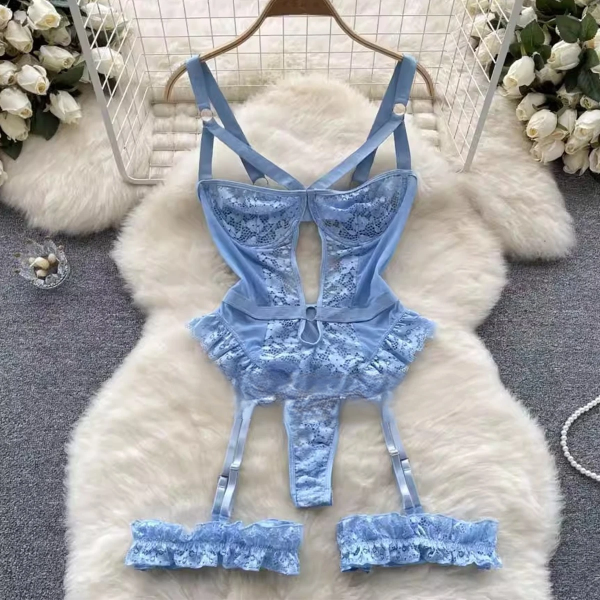 Set Lingerie Erotis Bodysuit Renda Wanita Lingerie Seksi Transparan Celana Ketat Hitam Tembus Pandang Fitness Sissy Tanpa Selangkangan Tubuh Erotis