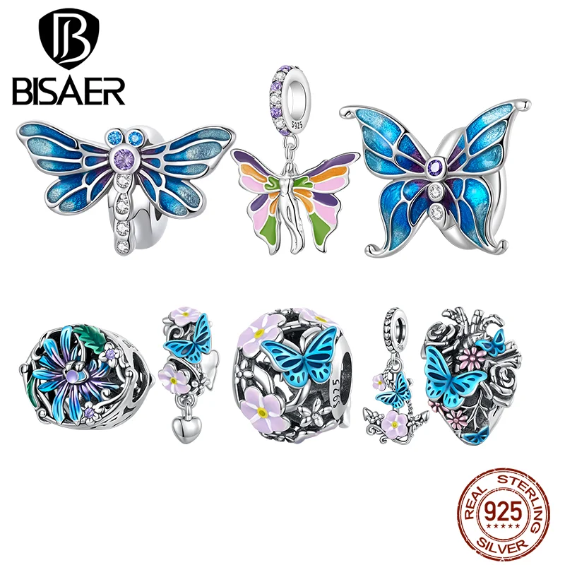 

BISAER 925 Sterling Silver Angel Butterfly Charms Flower Heart Pendant dragonfly Bead Fit DIY Making Bracelet Necklace Jewelry