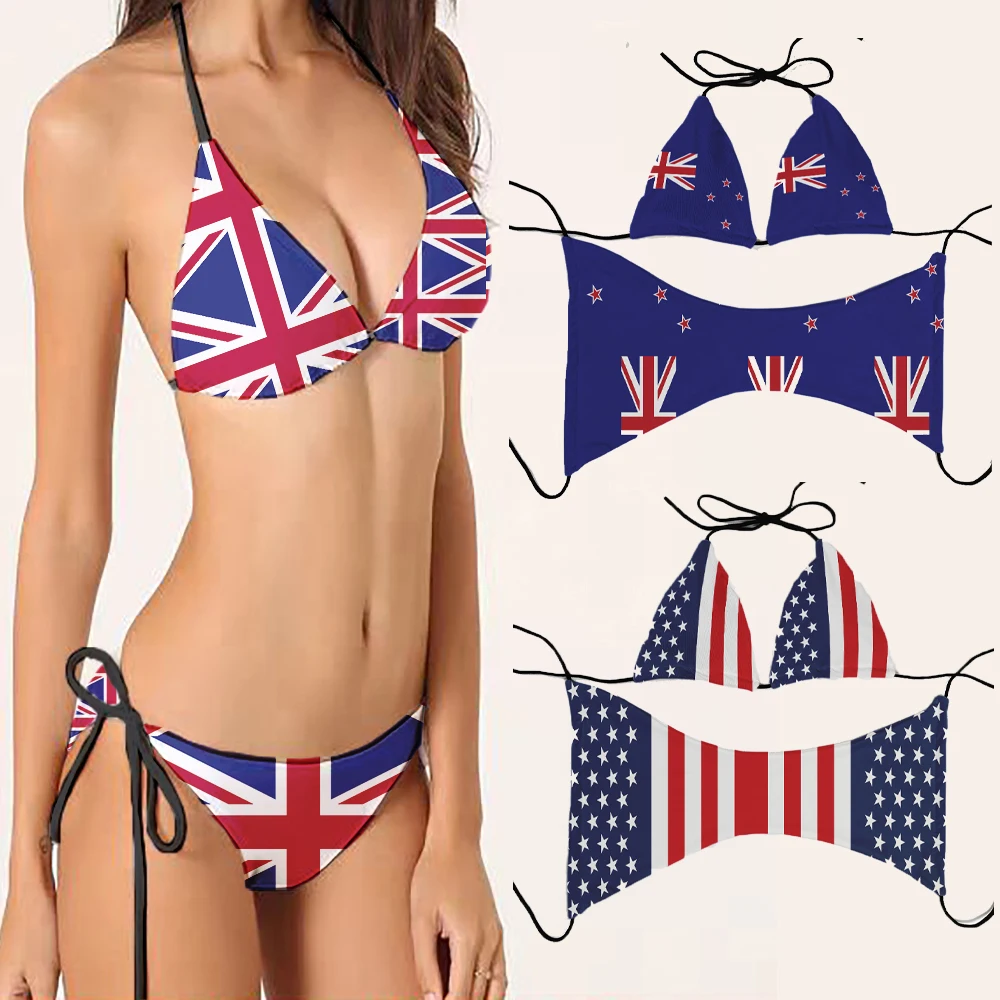 Very popular flag pattern printed bikini suit women's halter low waist sexy swimsuit beach surfing fake holiday gift non-thong