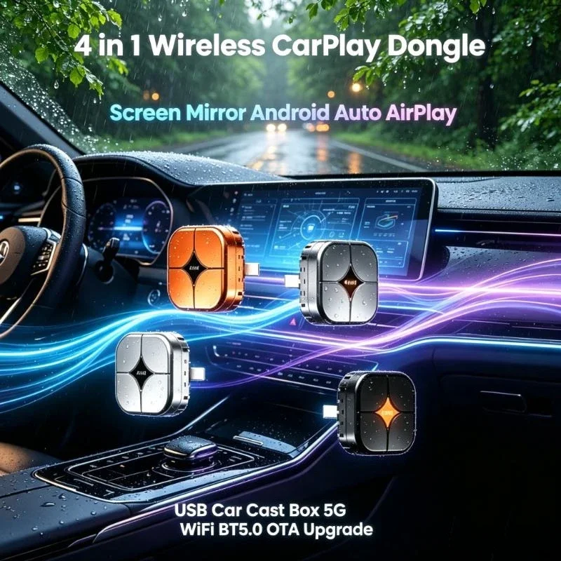 4 in 1 Screen Mirror Car Dongle Wireless CarPlay Android Auto AirPlay Miracast 5GHz WiFi BT5.0 USB Car Cast Box OTA Upgrade
