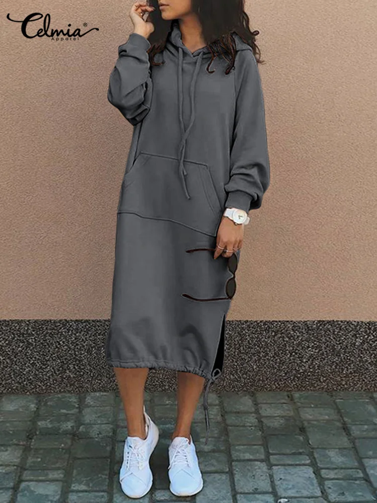 Hoodies Dress for Women Celmia 2023 Fashion Hooded Long Vestidos Winter Warm Casual Loose Sweatshirt Dress Hem Lace-up Midi Robe