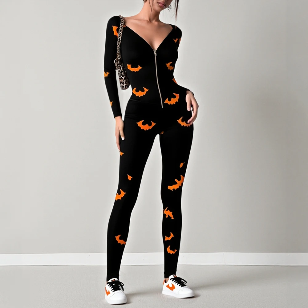 

Mia Muse Boutique Women's Jumpsuits Autumn Winter Skinny Fit Graphic Printing Zipper Long Sleeve V-Neck Ankle Casual Jumpsuits