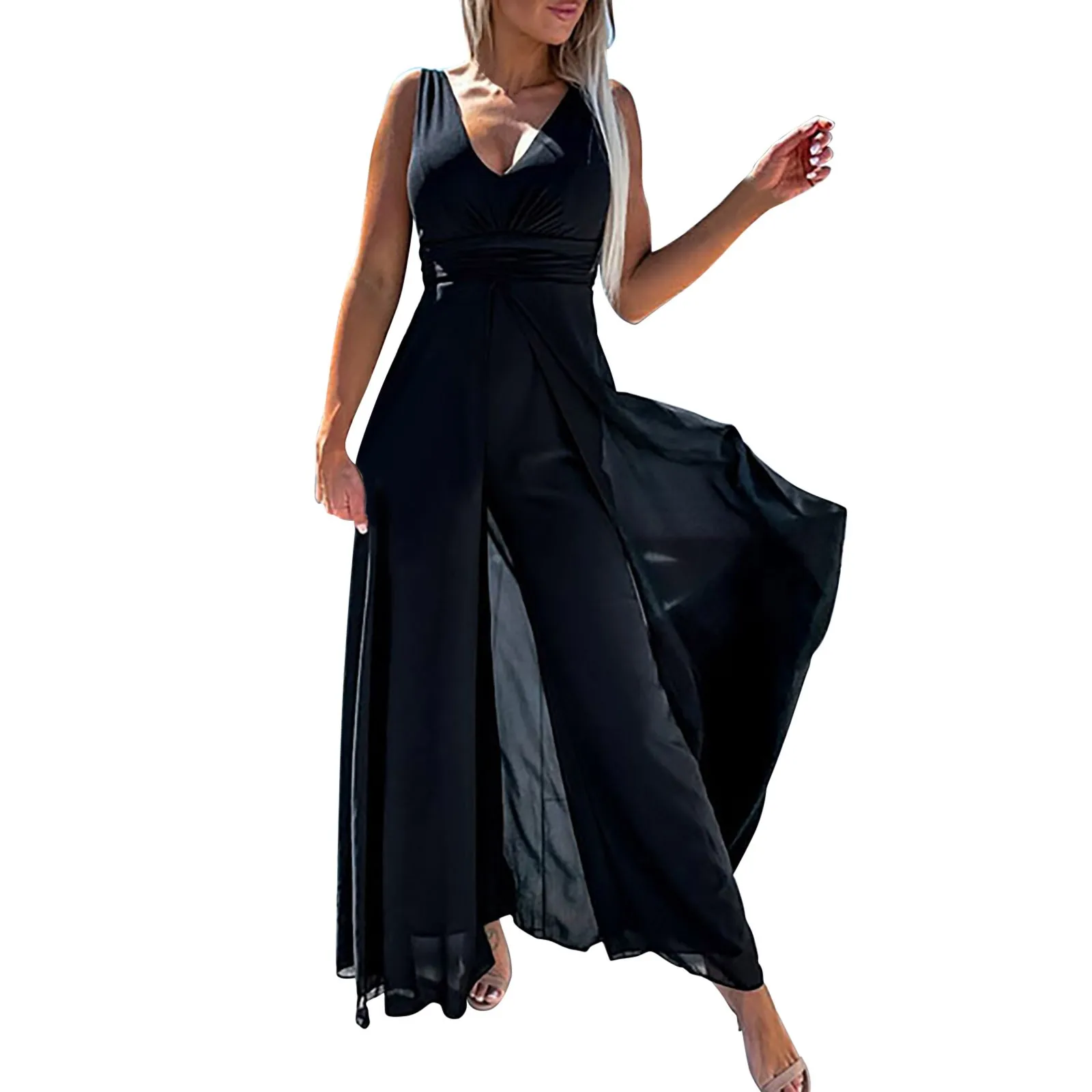 Sexy V-neck Women Prom Jumpsuit Solid Color Wide Leg Sleeveless Breathable High Waist Elegant Lady Dress Playsuit Female Clothes