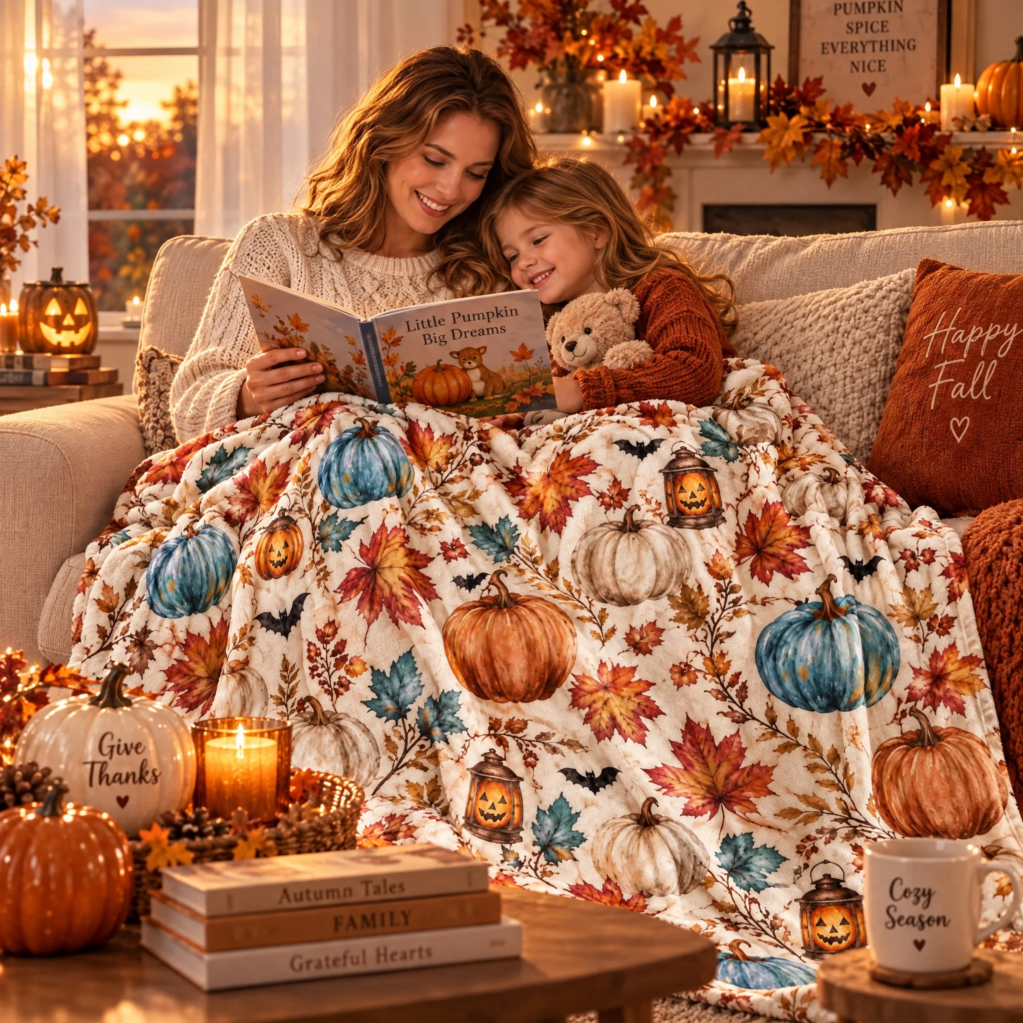 Fall Harvest Throw Blanket, White Base with Pumpkin & Orange Leaf Print, Thanksgiving Decor Cover for Sofa Bedroom, Cozy Leisure Blanket, Nice Seasonal Gift