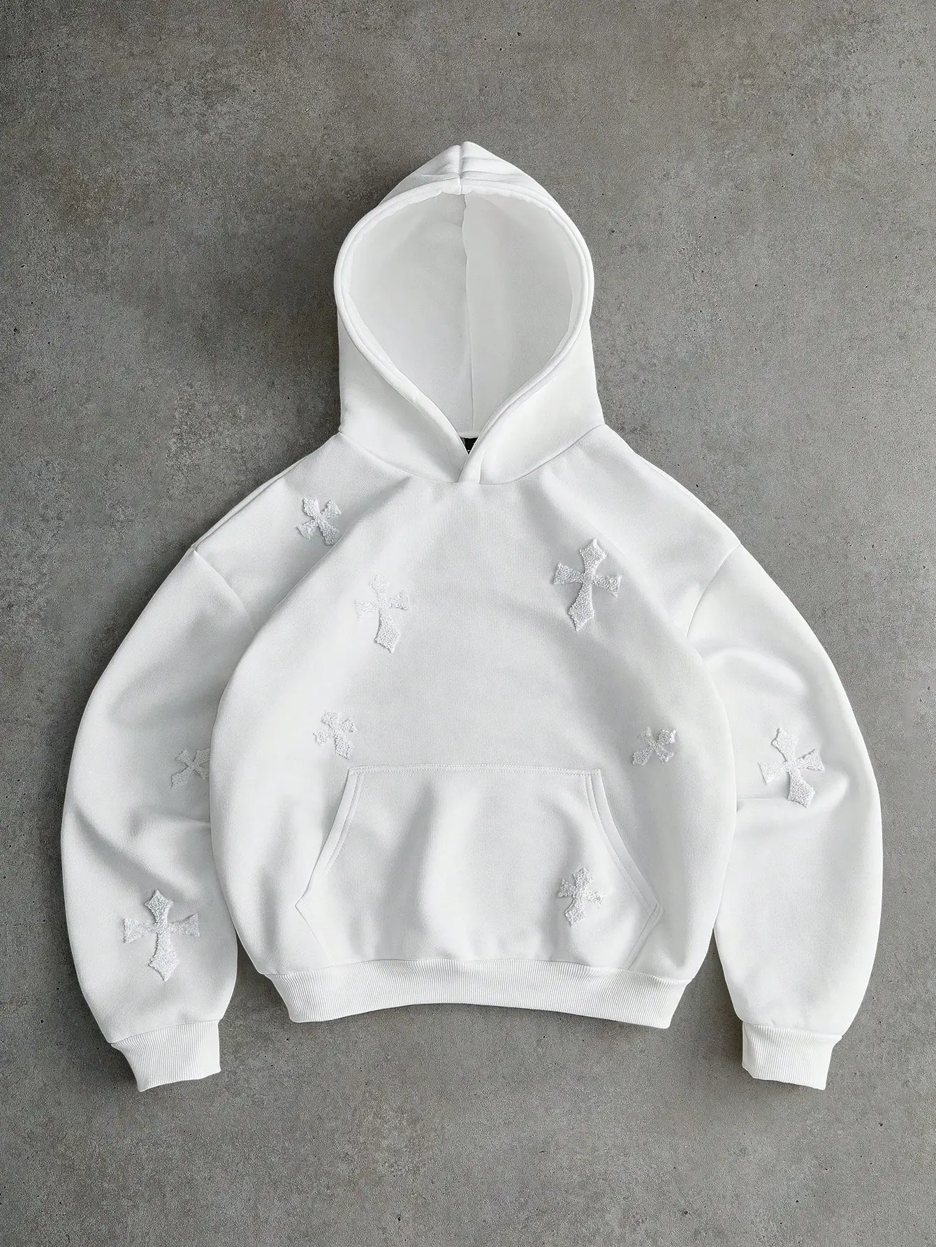 

White Oversized Hoodie with Embroidered Cross Motifs, Thermal Lined for Fall Winter