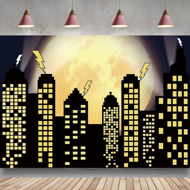 

Cartoon City Backdrop Skyline Buildings Full Moon Photo Background Children Birthday Party Banner Photo Booth Cake Table Decor