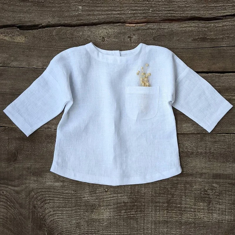 Boy\'s Linen Shirt Spring New Rustic Style Children\'s Round Neck Cotton And Linen Long Sleeved Solid T-Shirts With Pocket TZ410