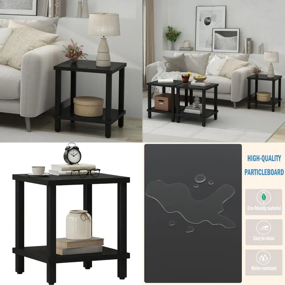 

20 Modern Industrial Square End Table with 2-Tier Shelf, Black - Ideal for Living Room or Bedroom
