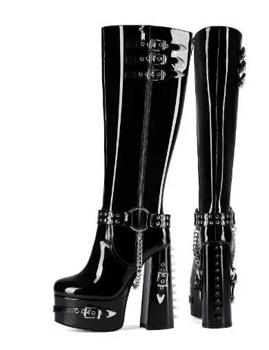 

Punk Women Black Shiny Leather Spike Rivets Buckles Sliver Metal Chains Round Toe Platform Chunky Heels Knee High Boots Shoes