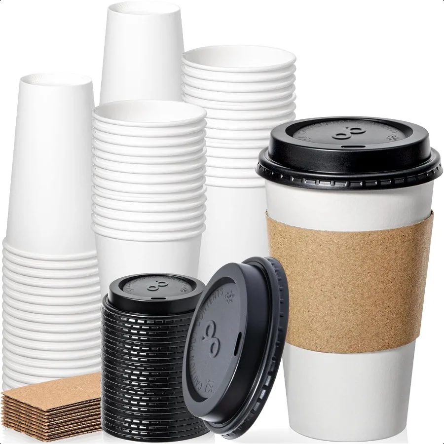 

50 Pack 16 oz Coffee Cups with Lids Sleeves LeakProof To Go Coffee Cups with Lids Durable Paper Cups for Hot Beverage Home Off
