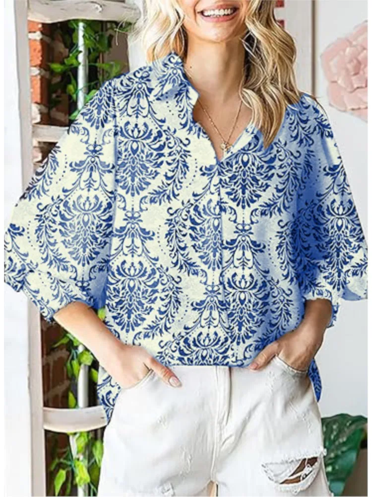 Blusa elegante feminina, top de temperamento, lanterna de lapela manga comprida, senhoras do escritório, camisa casual solta, estampa da moda, primavera, outono, 2024