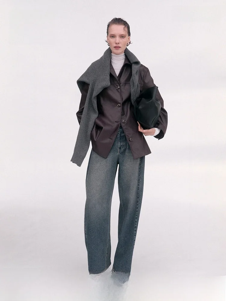 

H&M Women's Leather Jaet Long Sve Slim Fit Wine Red Button Coat Casual Sle Polyester Fiber 2025 Autumn Collection