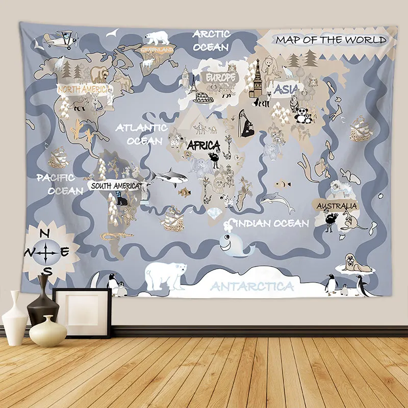 Animals World Map Tapestry Wall Hanging Large Kids Educational Landmarks World Map Tapestry Kindergarten Children\'s Room Decor