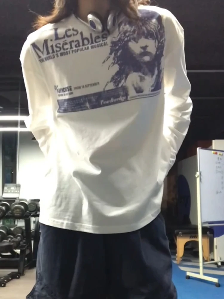 Retro americano manchado impressão longa sve redonda ne camiseta feminina primavera outono solto casual base irt topo tecido de algodão