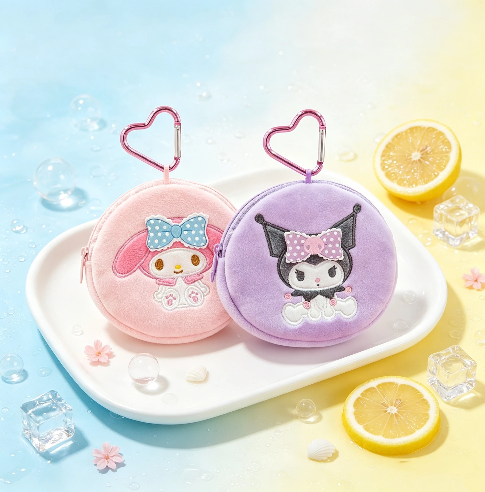 Genuine Licensed Kawaii Cartoon Round Plush Coin Purse, Heart Carabiner Mini Storage Bag, Portable Earbud Pouch, Decorative Hang