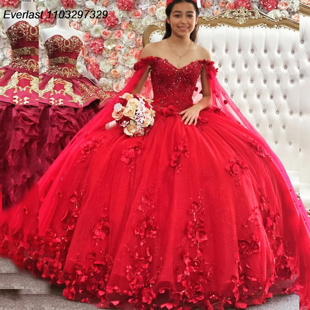 EVLAST, мексиканское красное Цветочное платье Quinceanera, бальное платье, аппликация, бисер, кристалл, с накидкой, корсет, милое платье 16, 15 лет QD1027