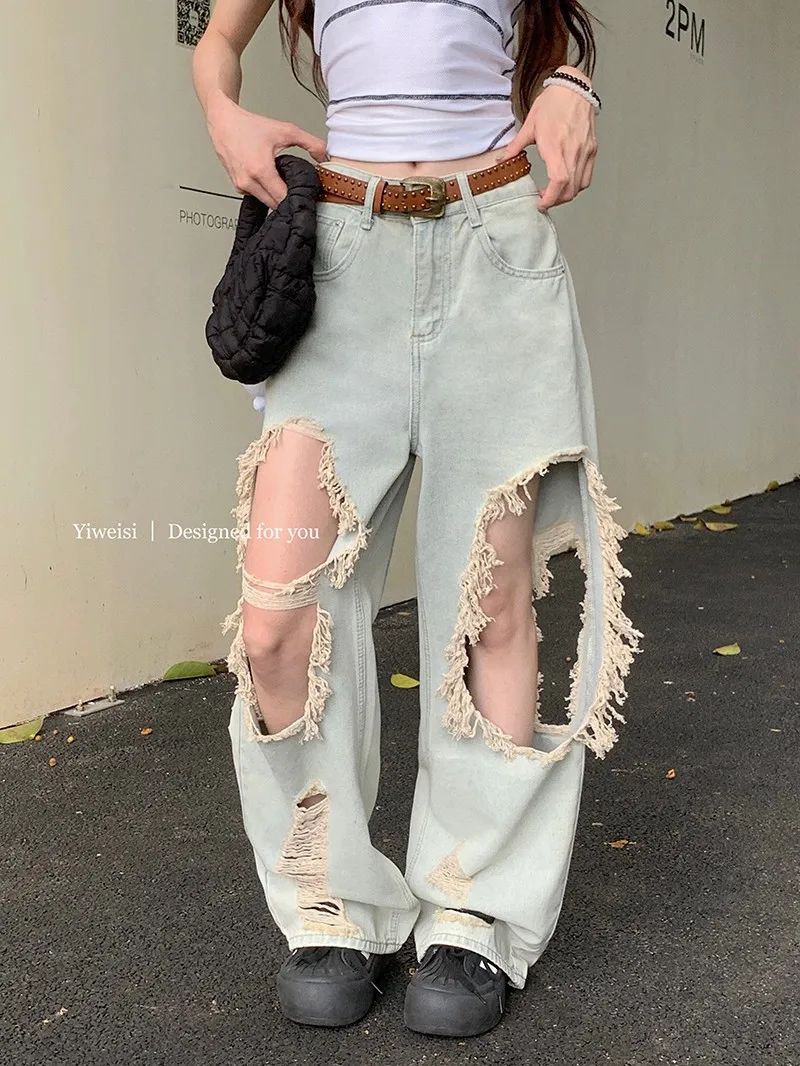 ZHISILAO Boyfriend Ripped Jeans Women Vintage Hole High Waist Wide Leg Floor Length Pants Streetwear Summer 2024