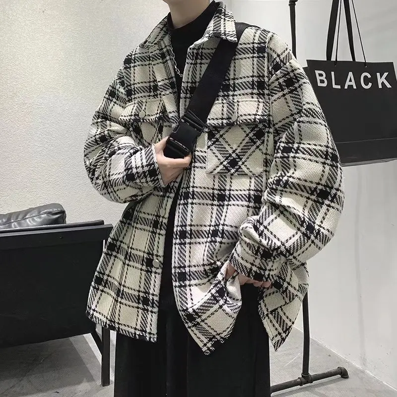 

2024 Spring Autumn Plaid Cargo Coat Men Fashion Without Hooded Leisure Trendy Windbreaker Black Overcoat Casual Jackets B41