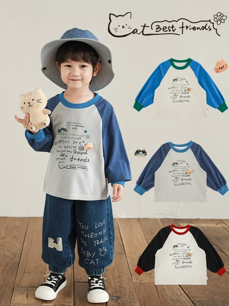 Boys 2024 New Color Blocked Long Sleeved Letter T-shirt Spring Autumn Children's Top Trend