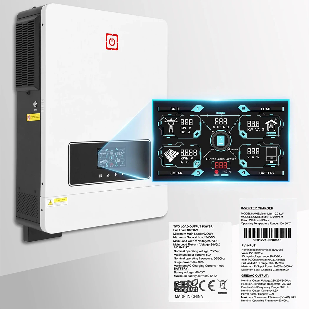 ECGSOLAX 10.2KW عاكس شمسي هجين 48 فولت 230 فولت تيار متردد مع وحدة تحكم شحن MPPT 180A مزدوجة موجة جيبية نقية عاكس للطاقة الشمسية PV ماكس 500 فولت