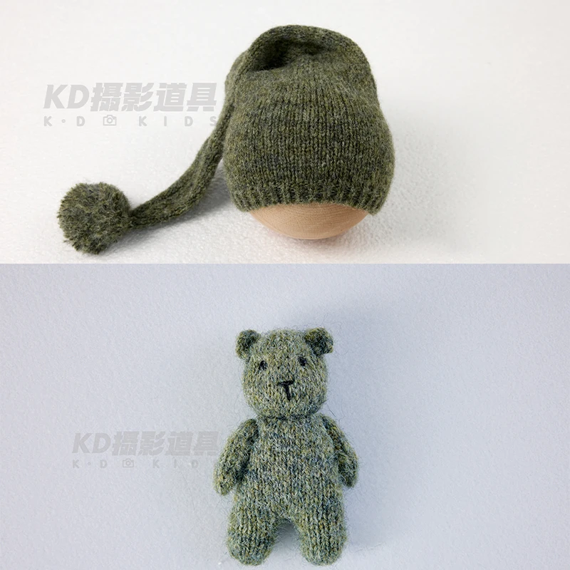 ชุดถ่ายภาพทารกแรกเกิดแบบมืออาชีพ หมวกปอมปอมเด็ก + ผ้าห่อตัวถักไหมพรมอุ่น + ของเล่นตุ๊กตาผ้าขนสัตว์ ผ้าห่มถักโครเชต์ อุปกรณ์ประกอบฉากถ่ายภาพ