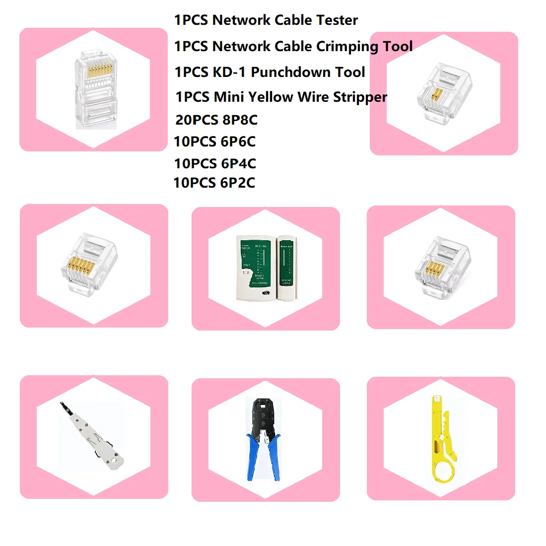 Network Cable Tester, Crimper, KD-1 Punchdown Tool , 50PCS Modular Plug Set