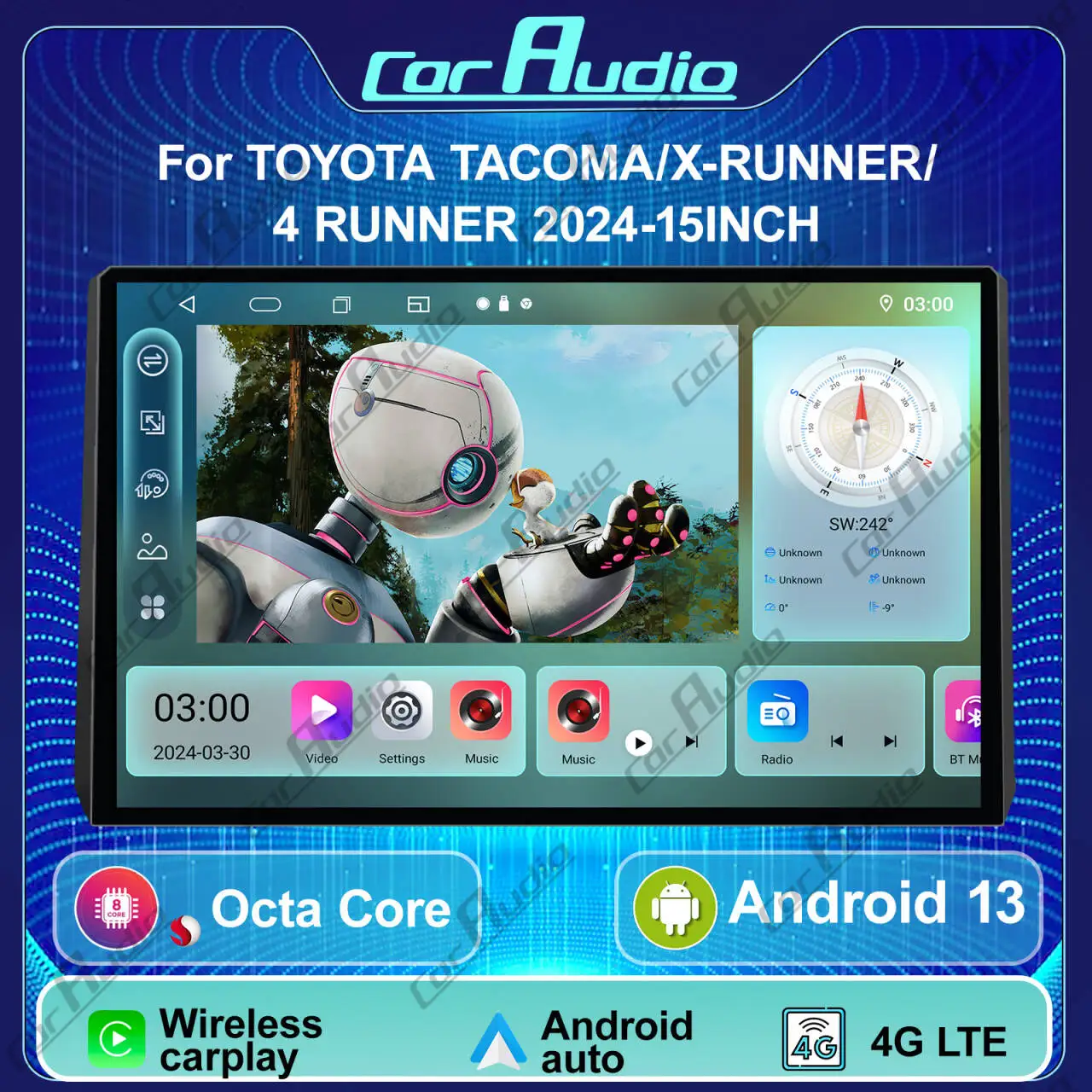 

15 Inch Android 14 Car Multimedia Player For TOYOTA TACOMA X-RUNNER 4RUNNER 2024-2025 GPS Navigation 4G LTE Bluetooth FM Carplay