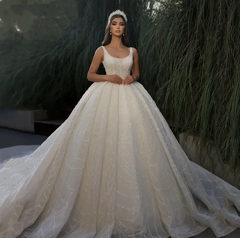 Vestidos De Novia De princesa brillantes De lujo, exquisitos Vestidos De Novia para fiesta, batas sin mangas, Apliques De encaje, Vestidos De Novia personalizados