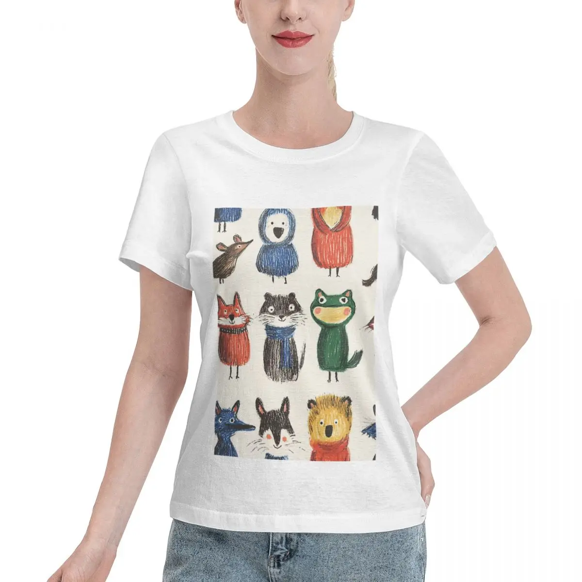 Fast Shipping Cozy Forest Animals In Winter Clothing Pattern Boxy Women's T-shirt Lightweight Outfit All Season T-Shirt