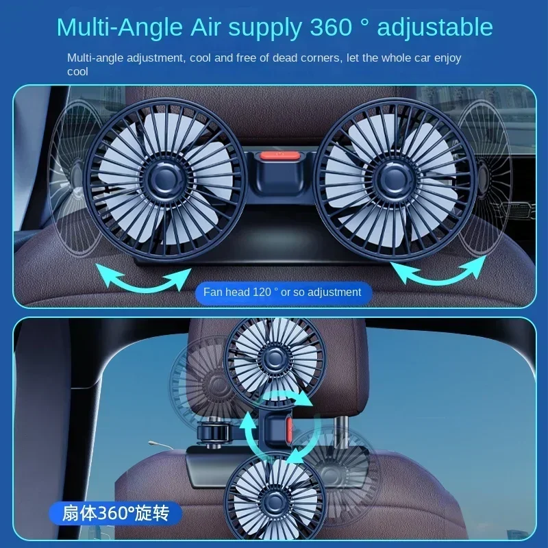 12V/24V Car Seat Headrest Ventilation Fan 3 Gears USB Charging Car Seat Back Dual Head Fan 360 Degree Rotation for Auto Sedan