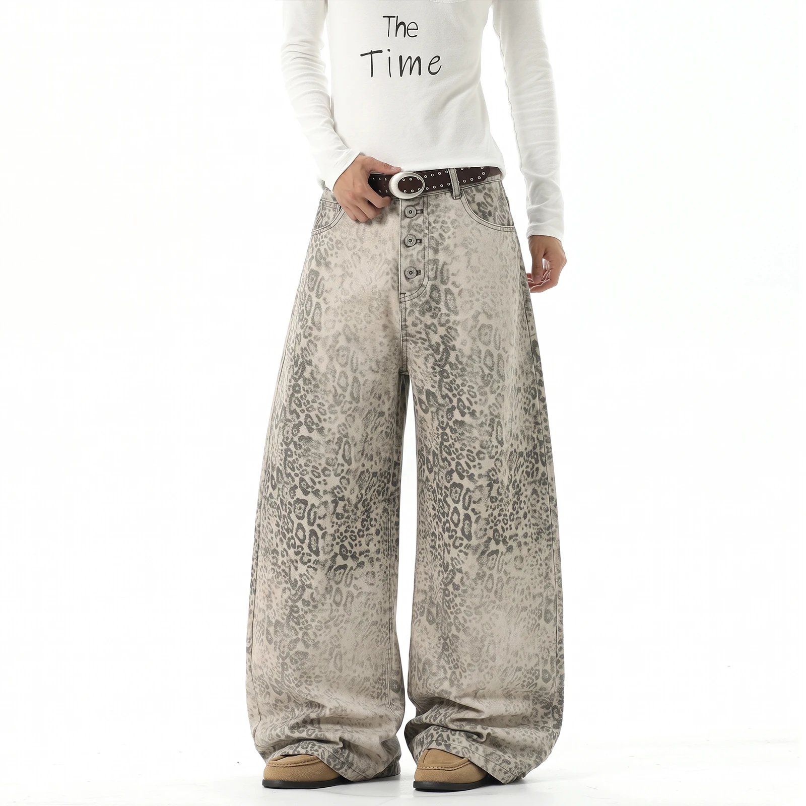 American Trend Breasted Design Leopard Print Jeans Men's and Women's Autumn  Winter New Washed and Old Straight Casual Trousers