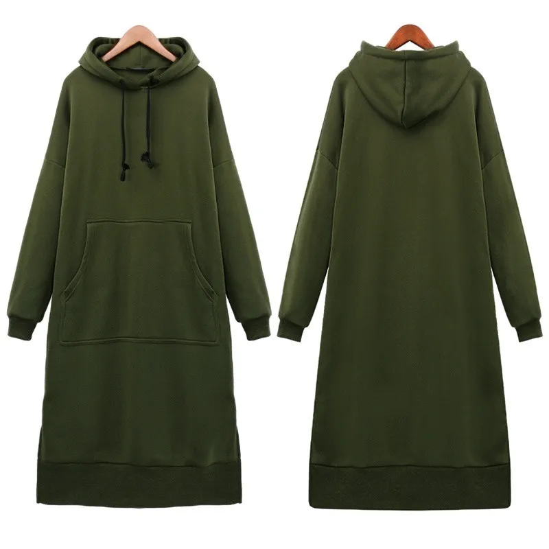 Women Hoodie Dress Autumn Winter Solid Color Casual Loose Long Sleeve Hooded Sweatshirts Pockets Female Long Hoodies