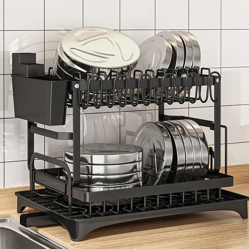 

Dish Rack For Kitchen Counter Rust Prevention Dish Drainer Set With Utensils And Cup Holder Rust-Proof Carbon Steel Dish Drainer