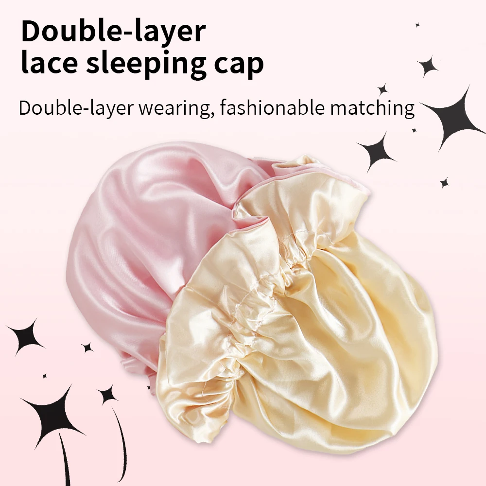1 Stück Zweifarbige Satin-Schlafmütze Seiden-Bonnet zum Schlafen Satin-Bonnets Doppellagige Wendbare Haarkappe für Frauen mit Langen Lockigen Zöpfen – Detail 3