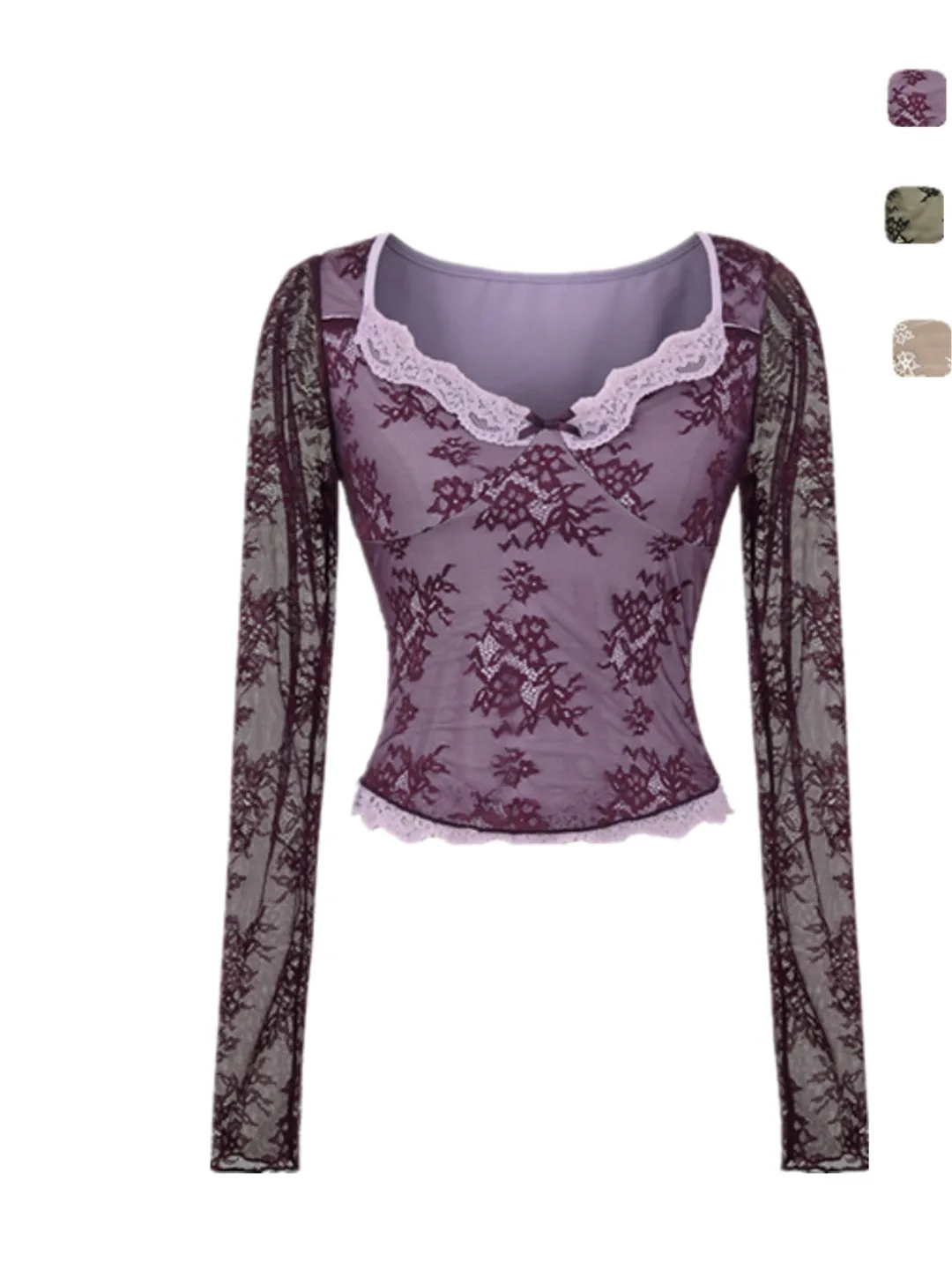 

Sexy Lace Long Sve ort T-irt Street Sle Waist-Cinching Square Collar Ladylike Floral Print Versatile Base Layer Top
