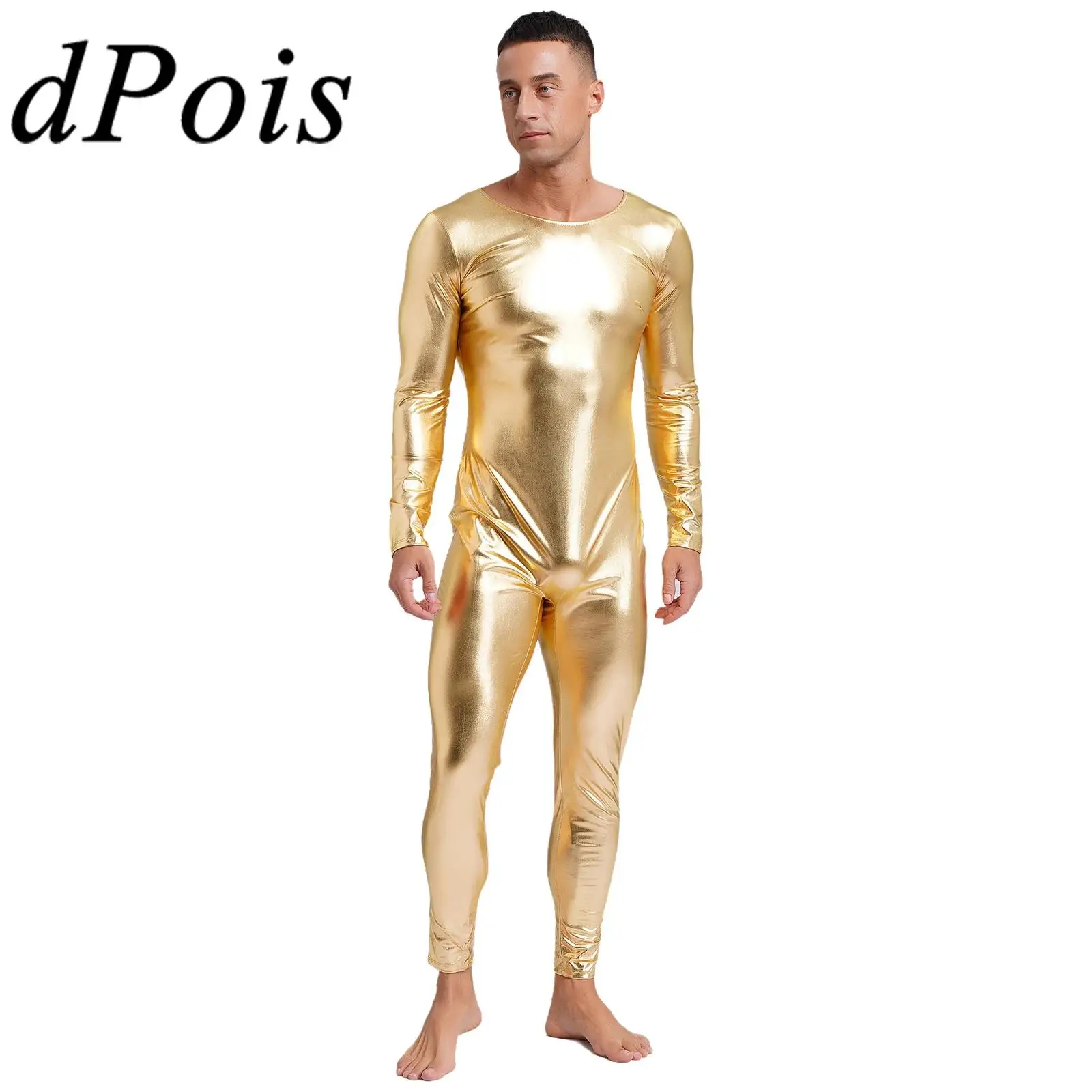 

Mens Metallic Shiny Unitard Gymnastics Jumpsuit Round Neck Long Sleeve Full Body Bodysuit Jazz Dance Stage Costumes Dancewear