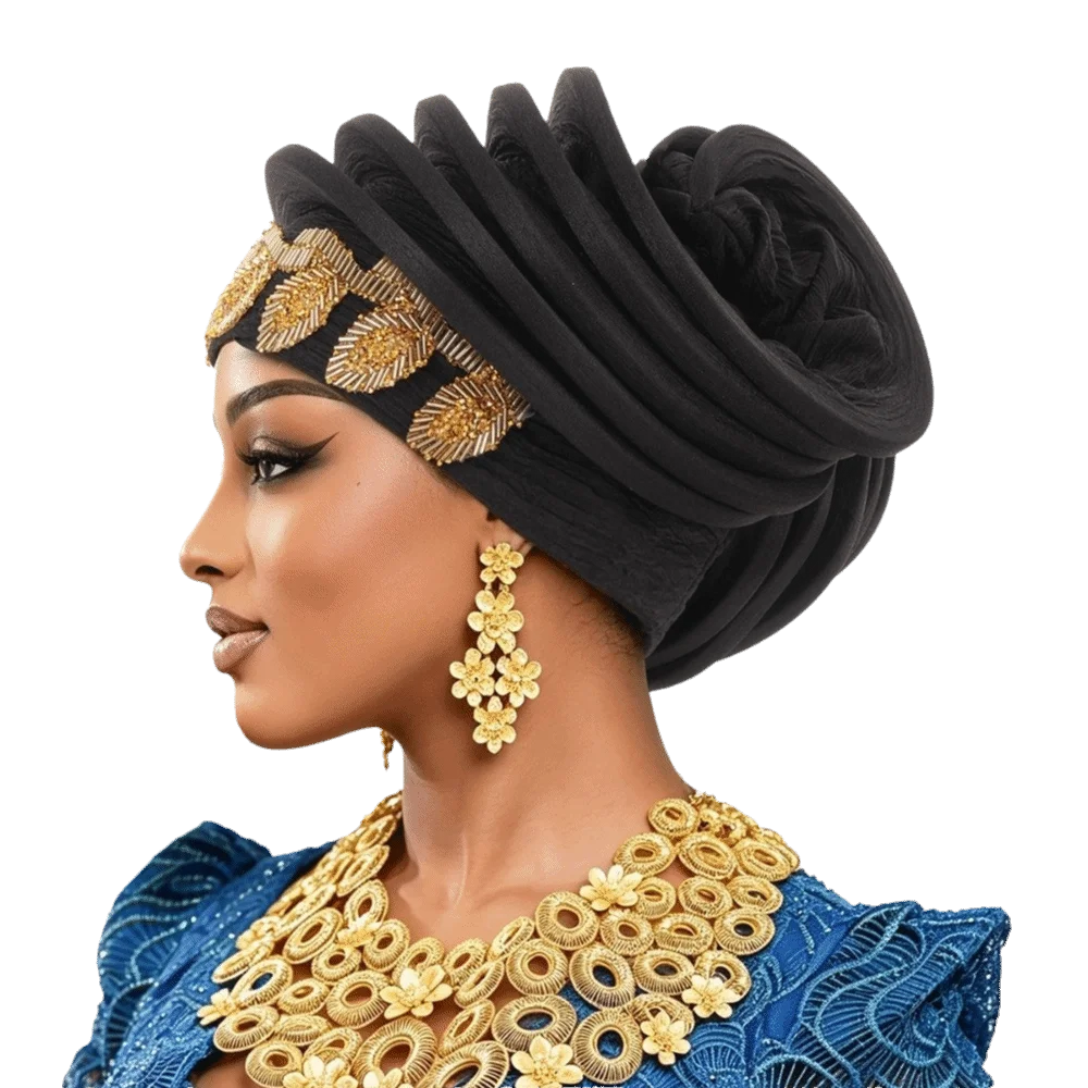Shiny African Gele Headwrap Polyester Gold Embellished Yoruba Turban Hat Multiple Color Options Pre-tied Traditional Headpiece